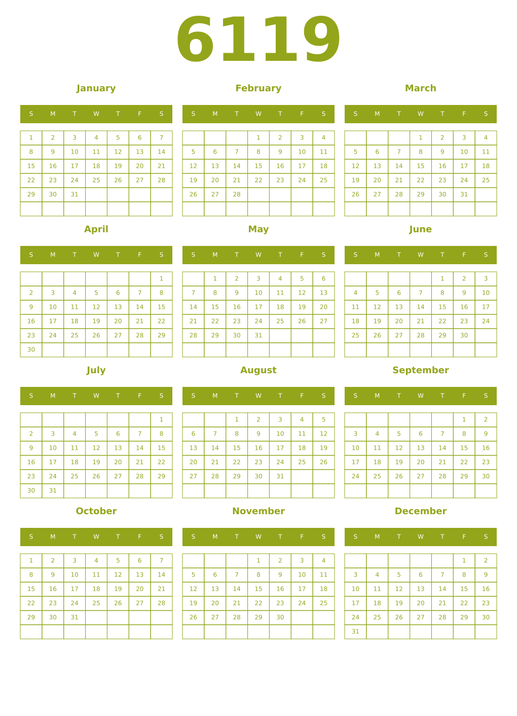 Printable 6119 Year Calendars chartreuse