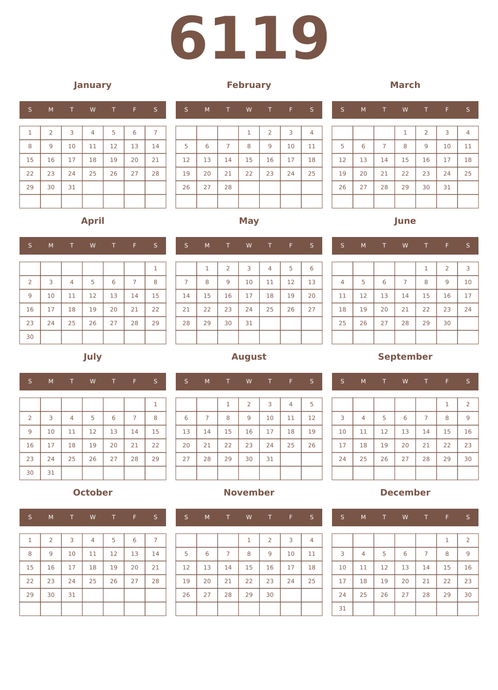 Printable 6119 Year Calendars coffe