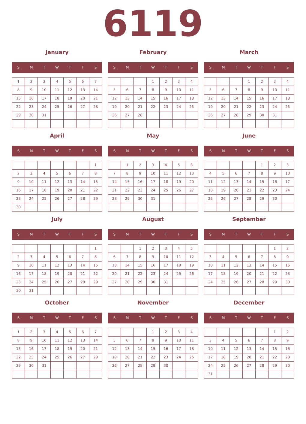 Printable 6119 Year Calendars cordovan