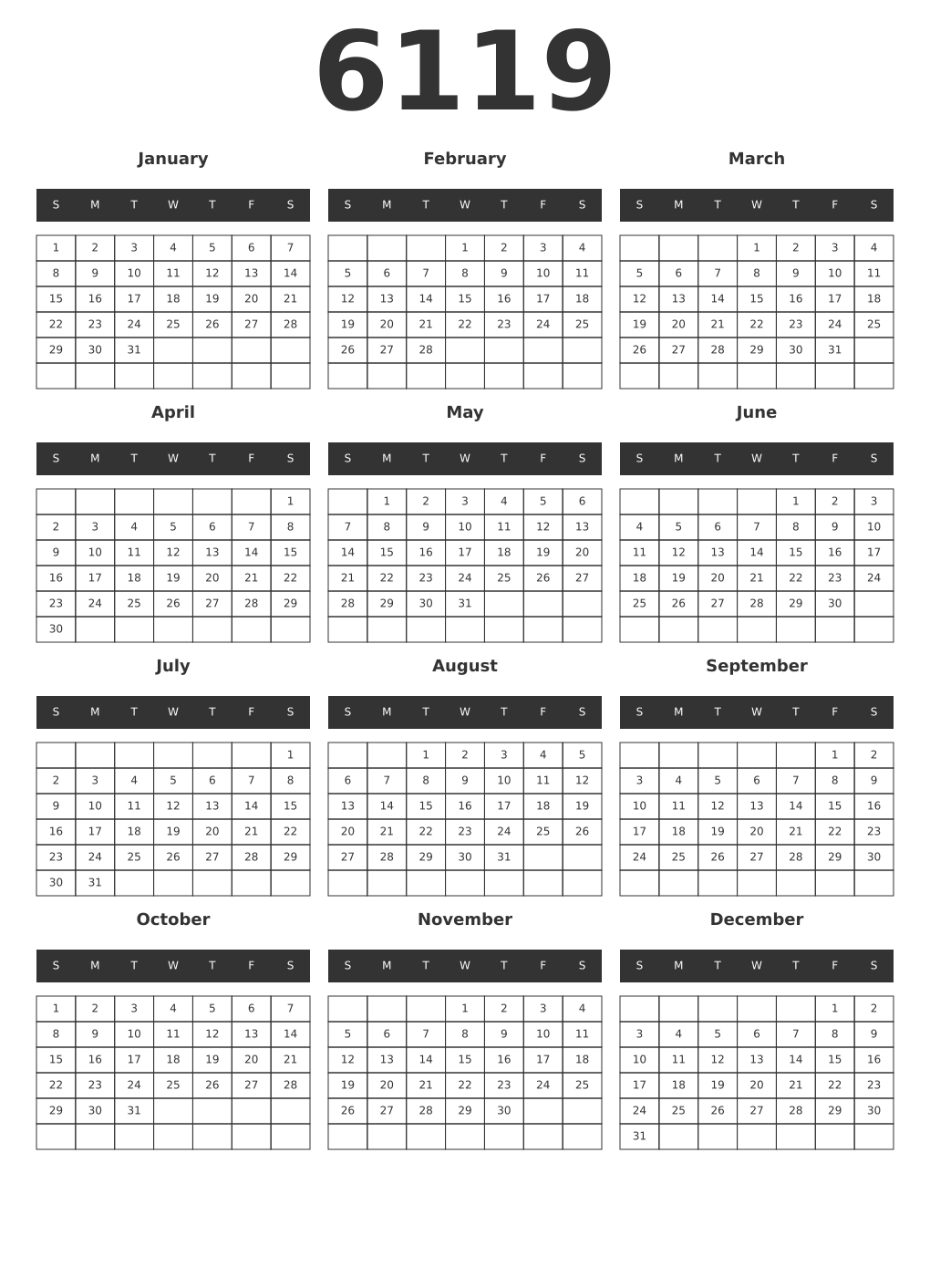 Printable 6119 Year Calendars dark