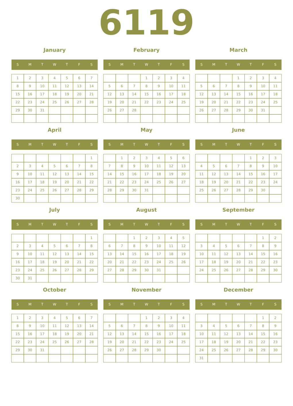 Printable 6119 Year Calendars eburnean