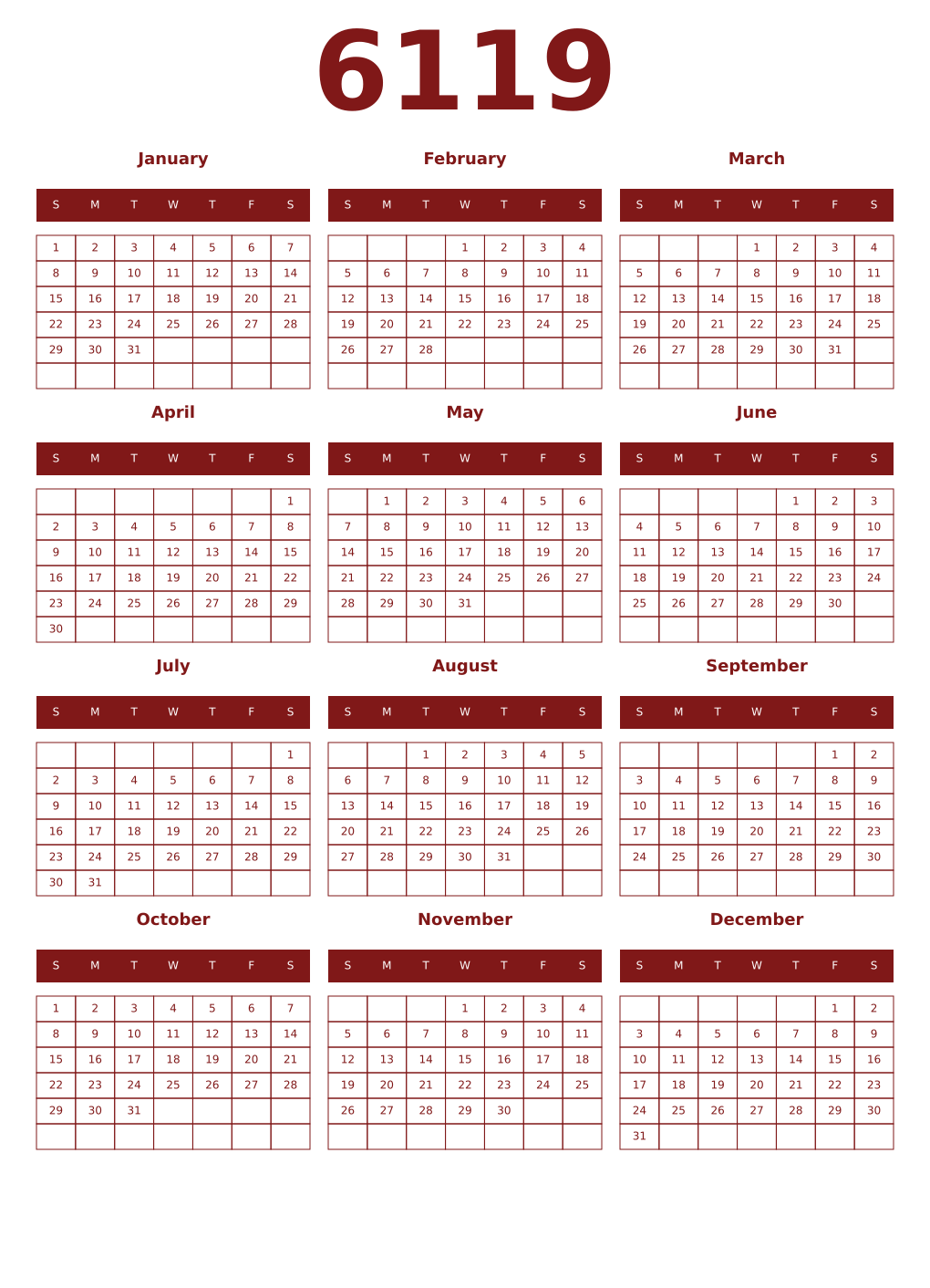 Printable 6119 Year Calendars falu