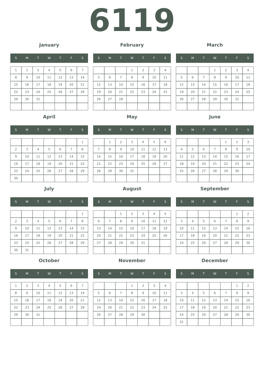 Printable 6119 Year Calendars feldgrau