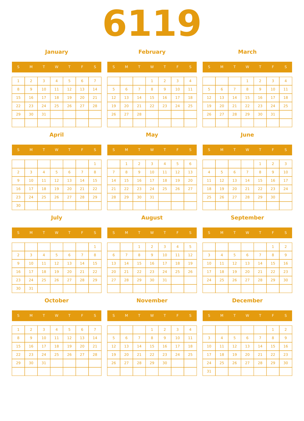 Printable 6119 Year Calendars gamboge