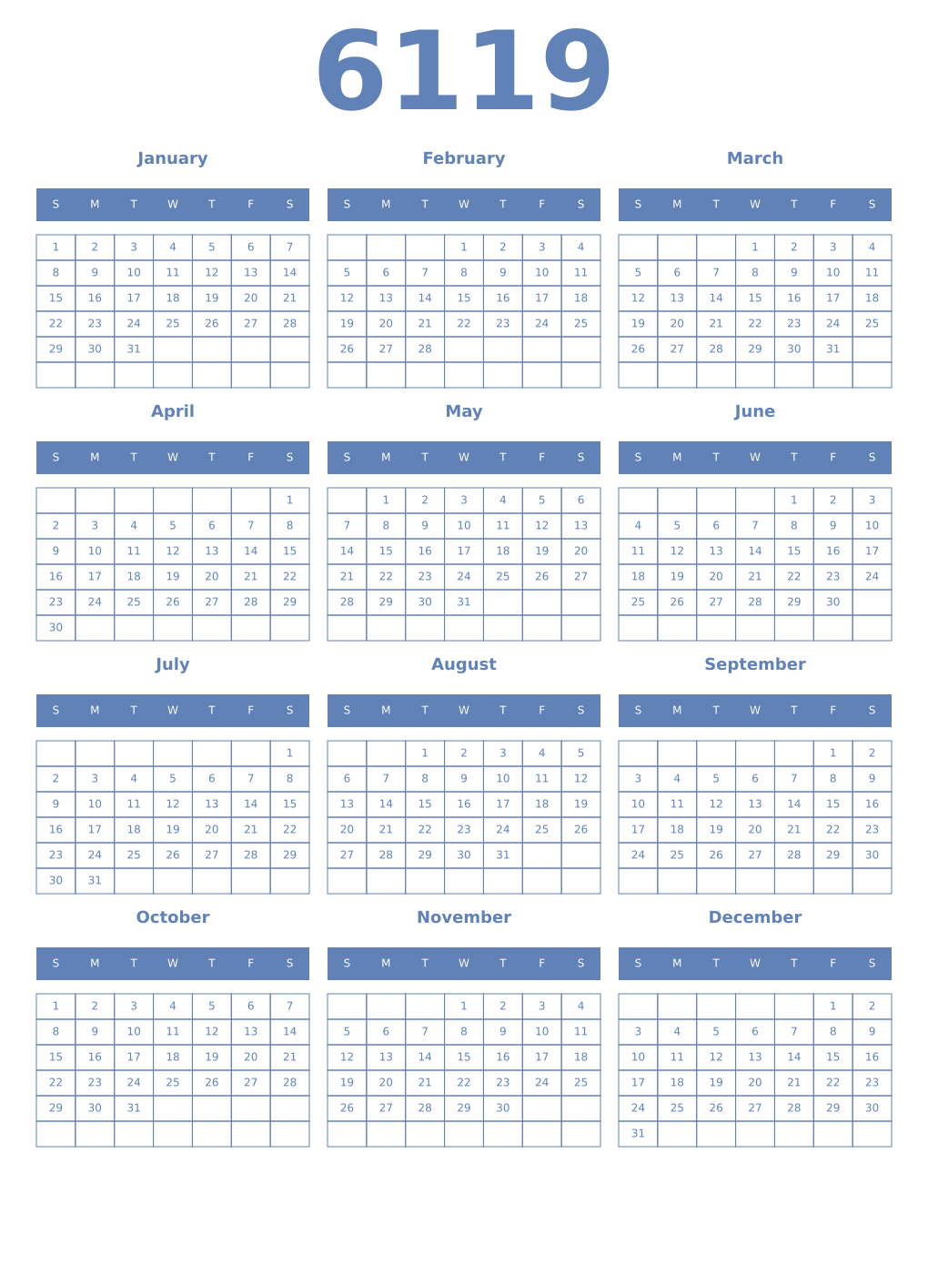 Printable 6119 Year Calendars glaucous