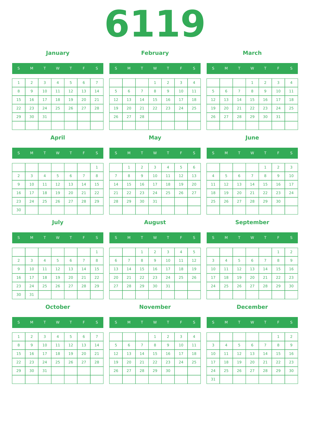 Printable 6119 Year Calendars green
