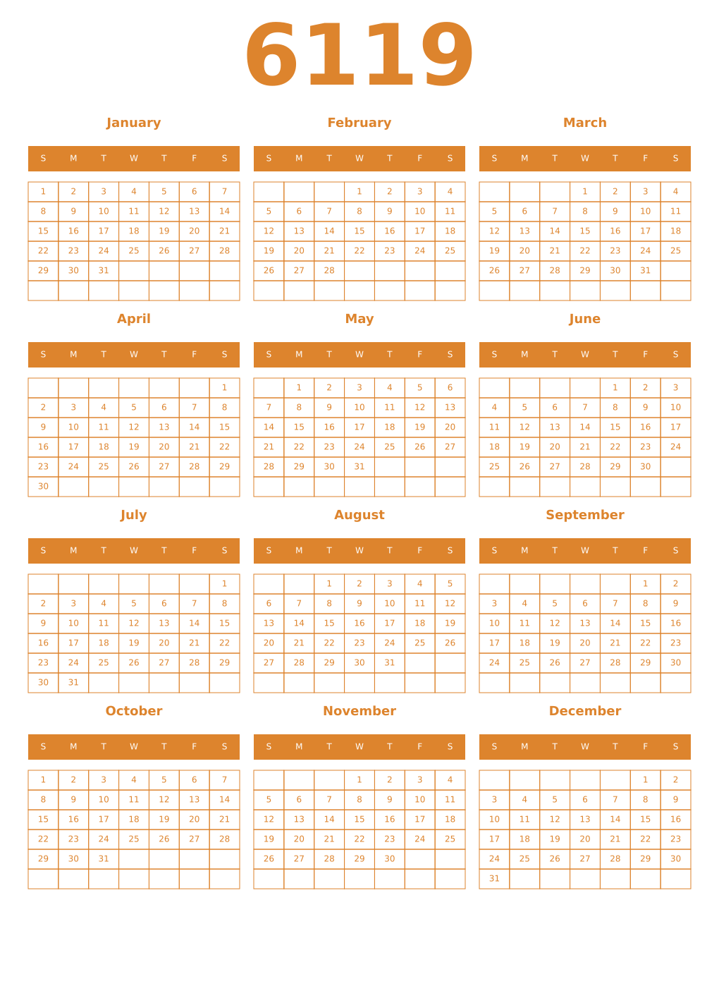 Printable 6119 Year Calendars orange