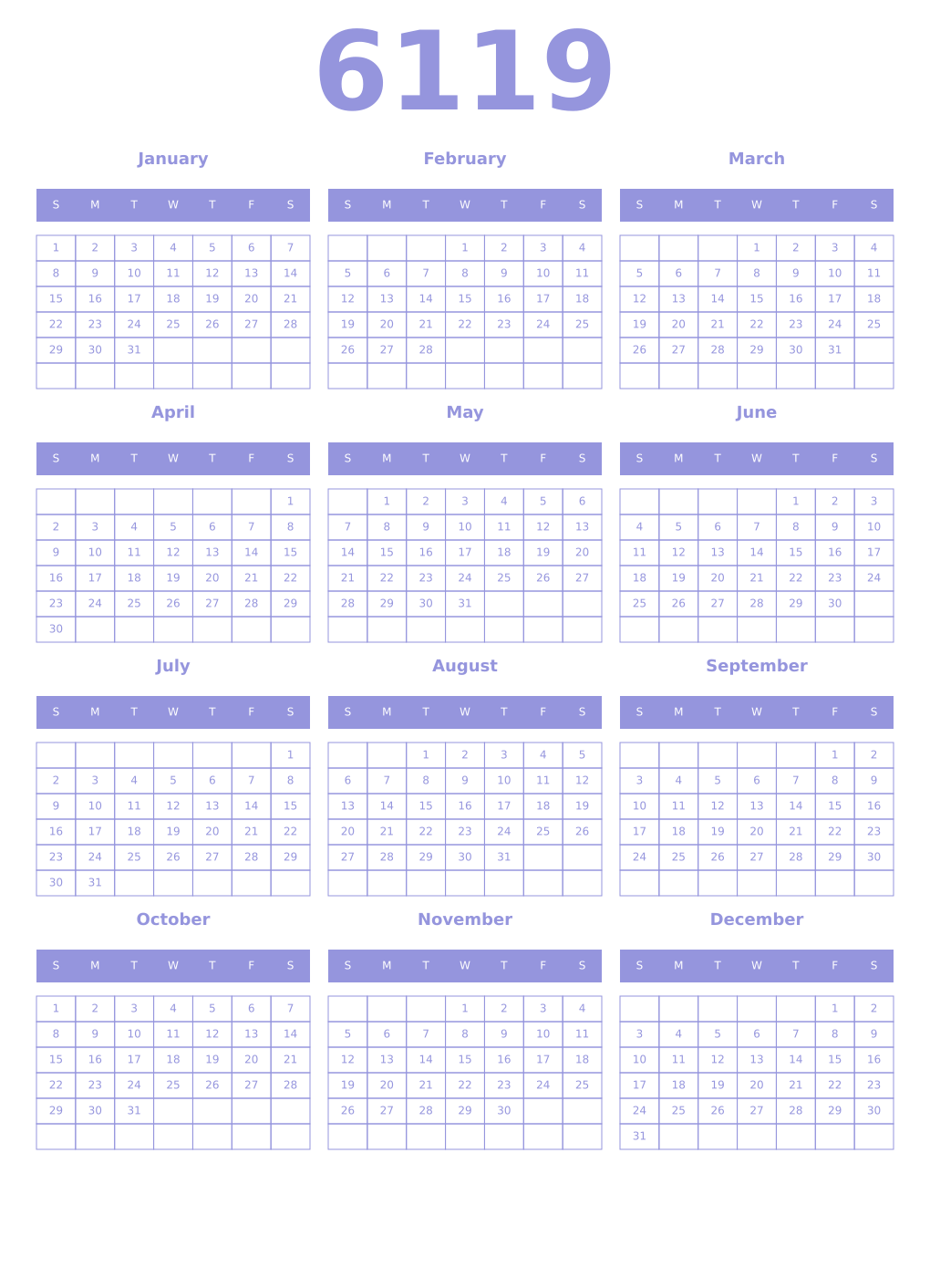 Printable 6119 Year Calendars periwinkle