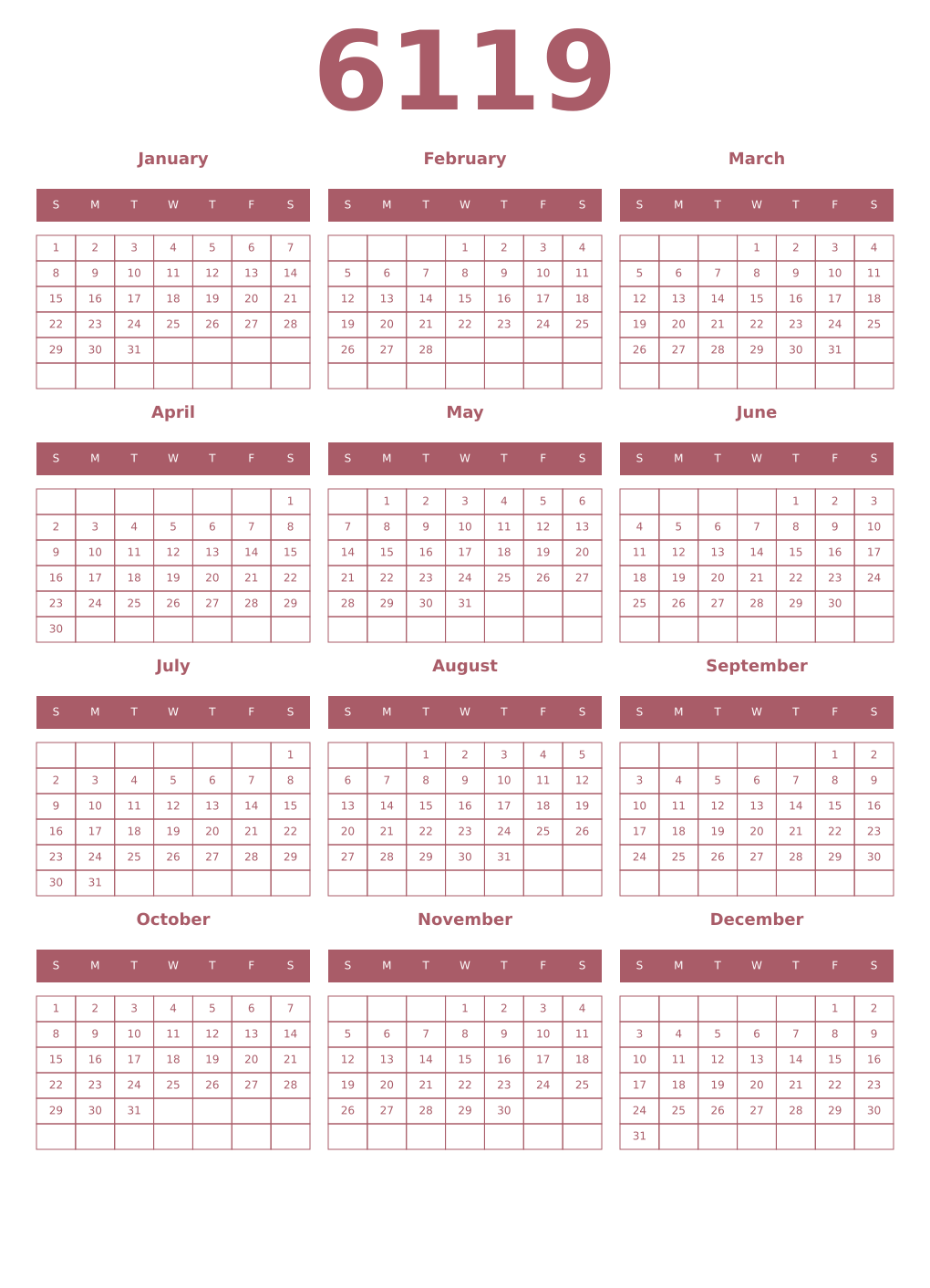 Printable 6119 Year Calendars puce
