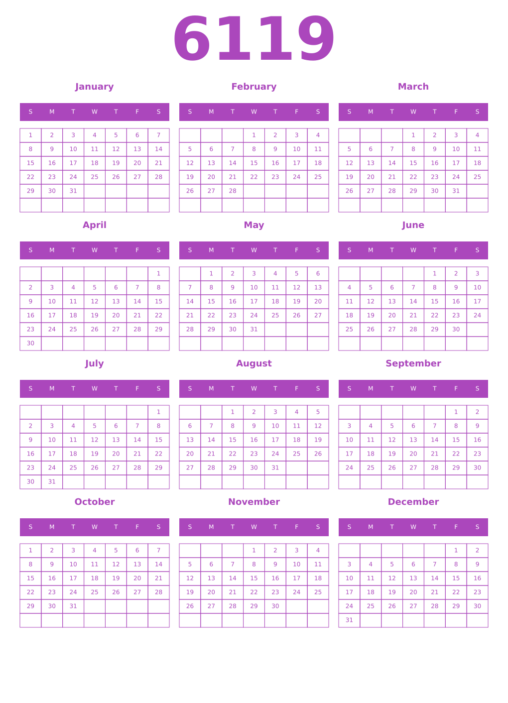 Printable 6119 Year Calendars purple
