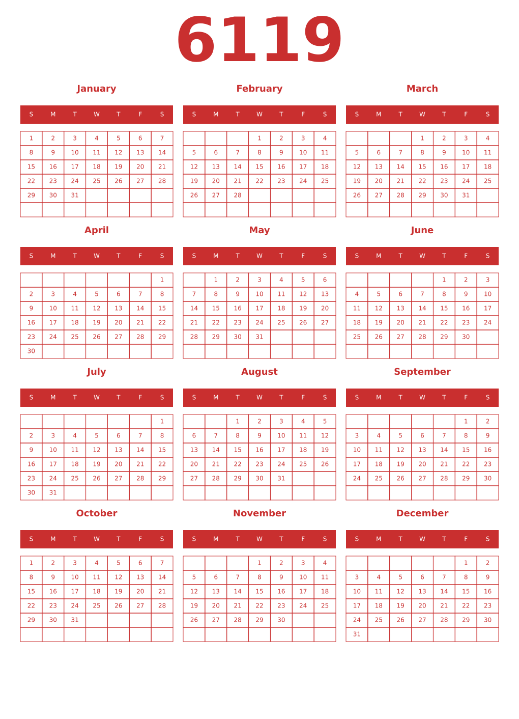 Printable 6119 Year Calendars red