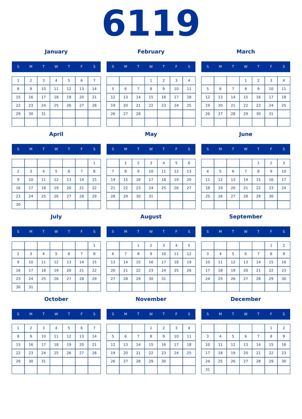 Printable 6119 Year Calendars smalt
