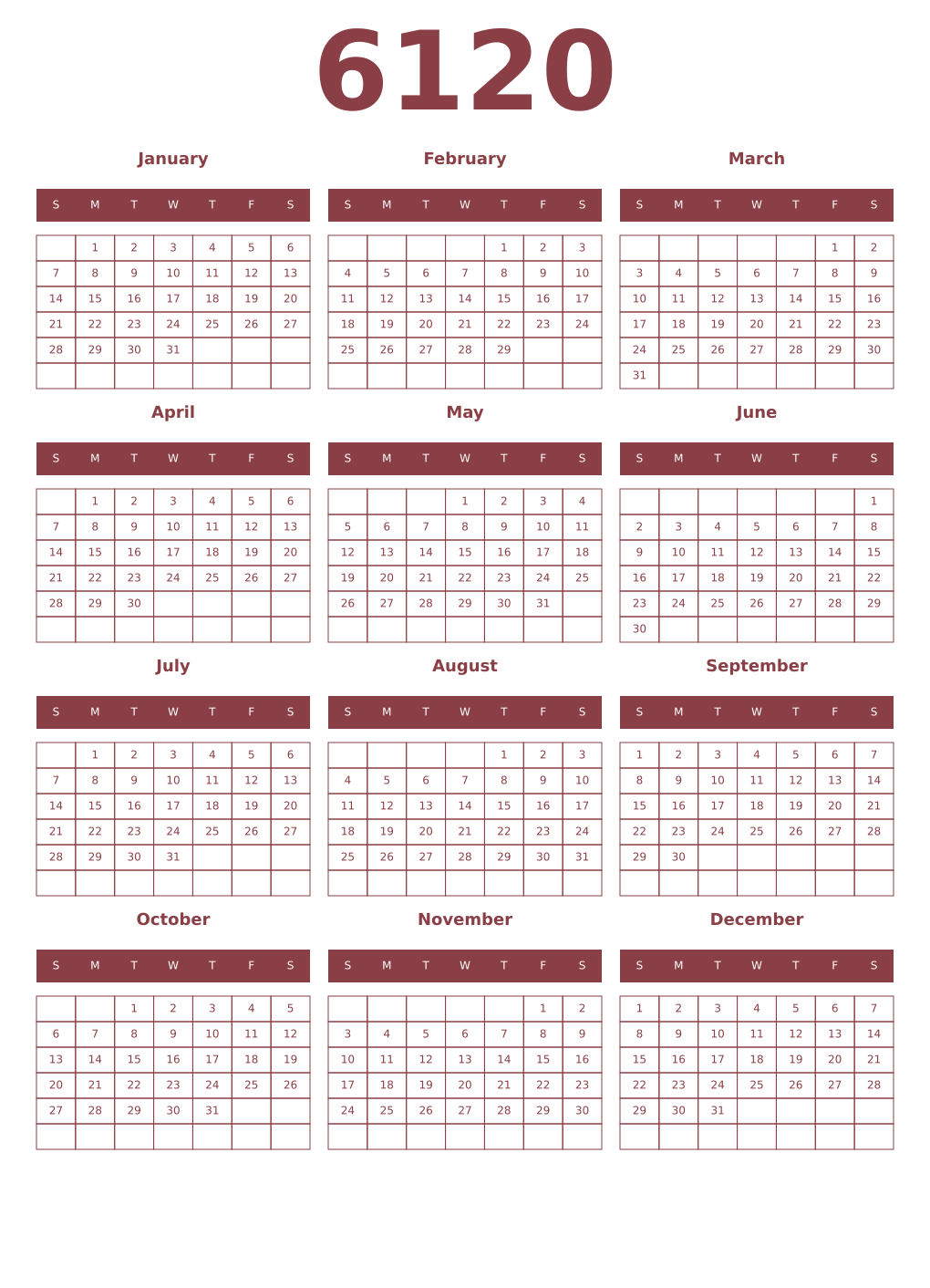 Printable 6120 Year Calendars cordovan