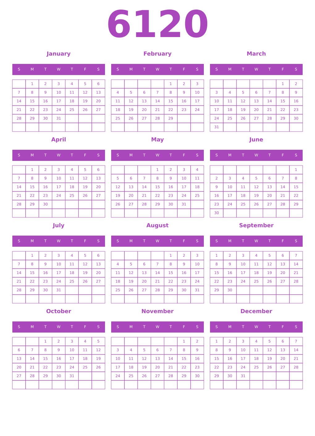 Printable 6120 Year Calendars purple