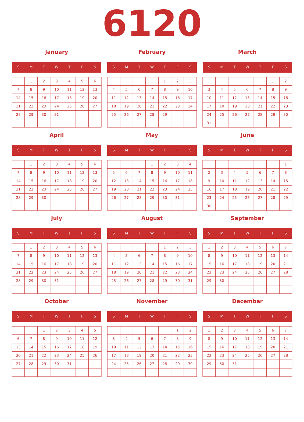 Printable 6120 Year Calendars red