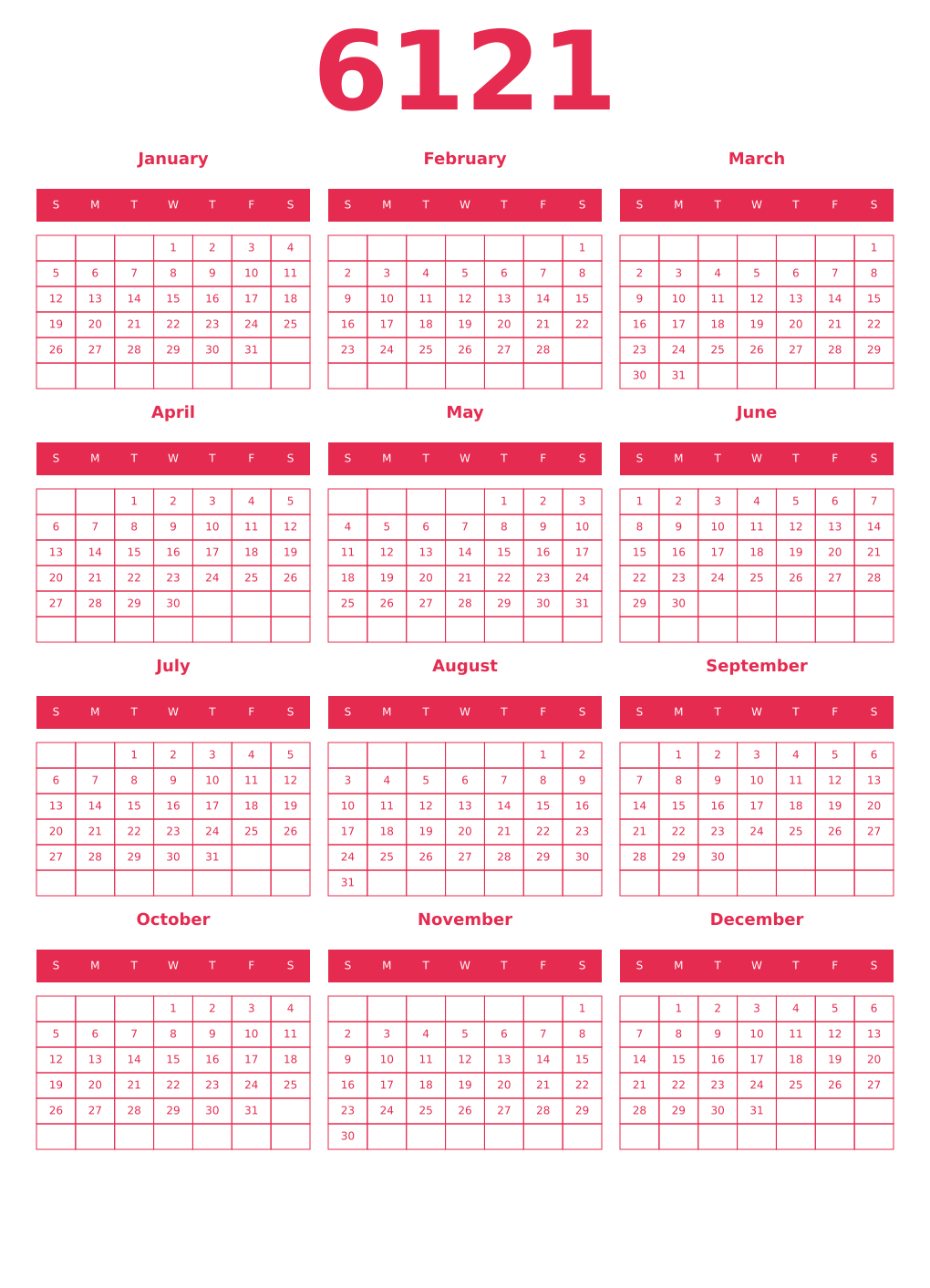 Printable 6121 Year Calendars amaranth