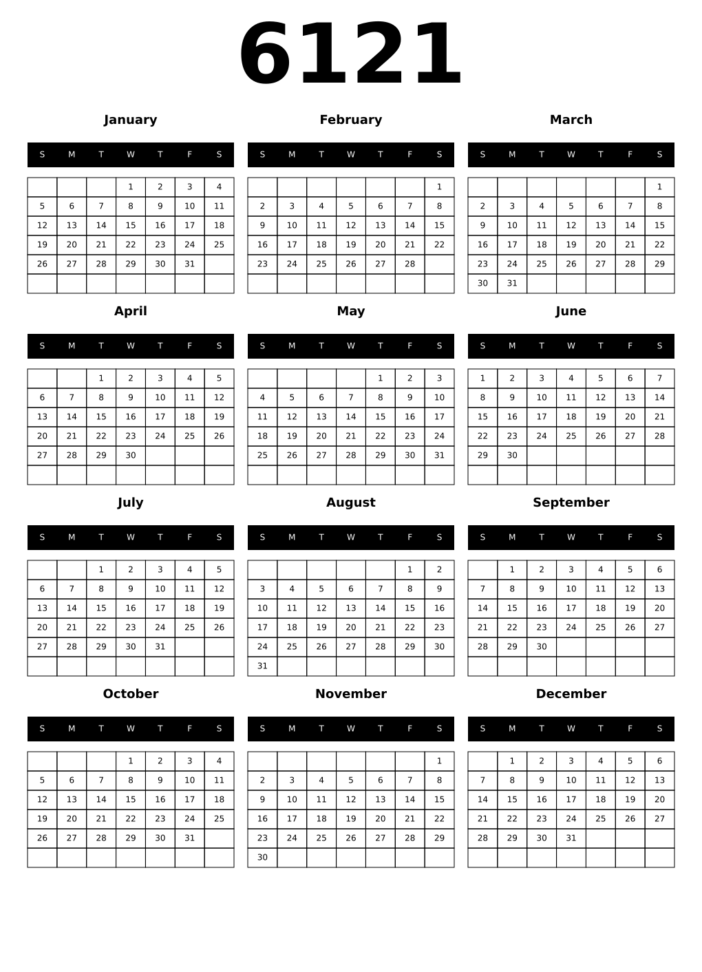 Printable 6121 Year Calendars black