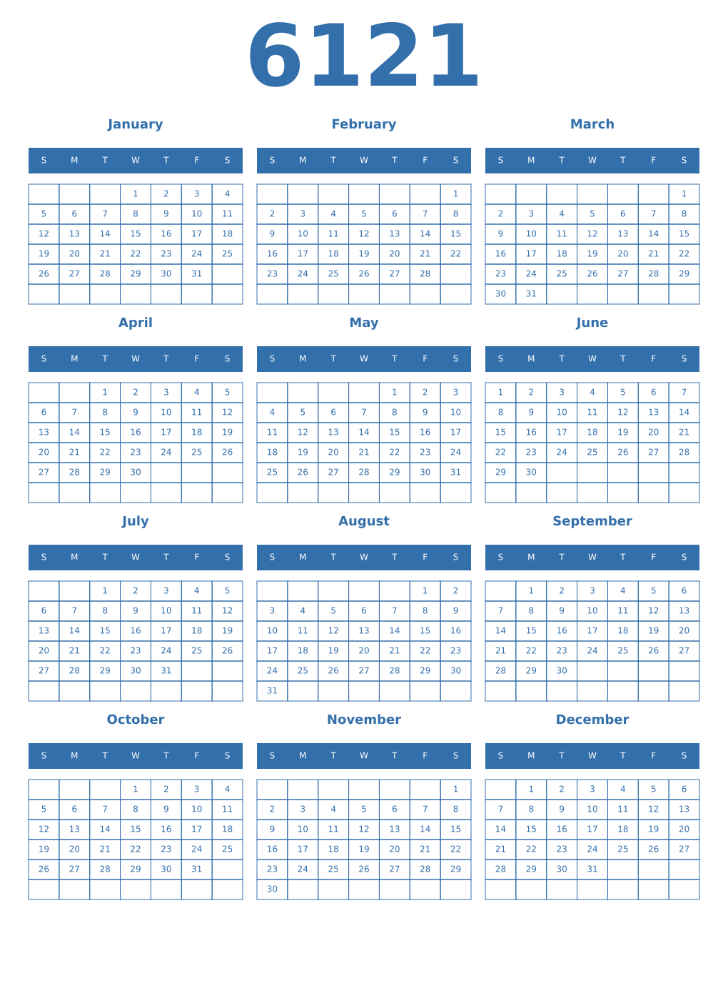 Printable 6121 Year Calendars blue