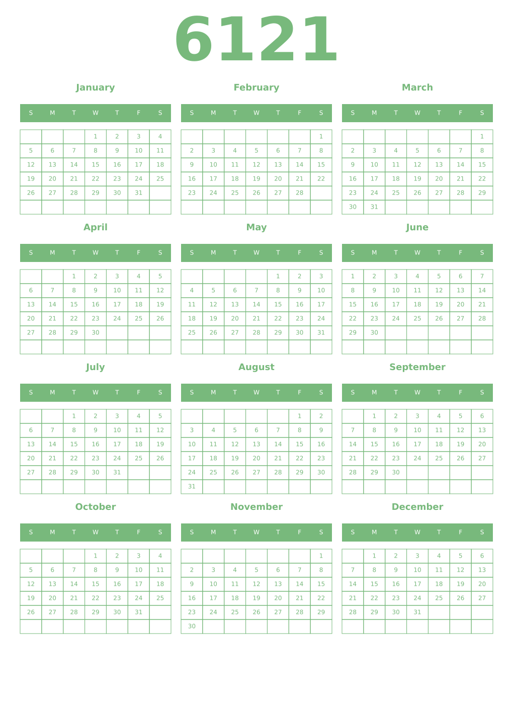 Printable 6121 Year Calendars celadon