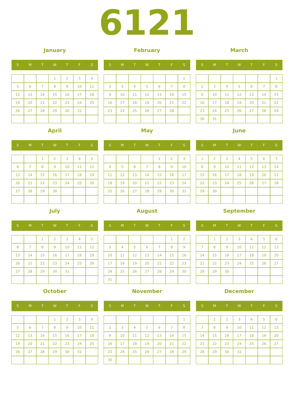 Printable 6121 Year Calendars chartreuse