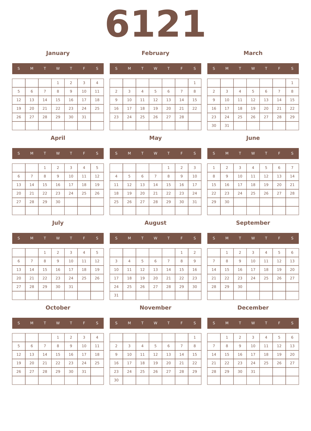 Printable 6121 Year Calendars coffe