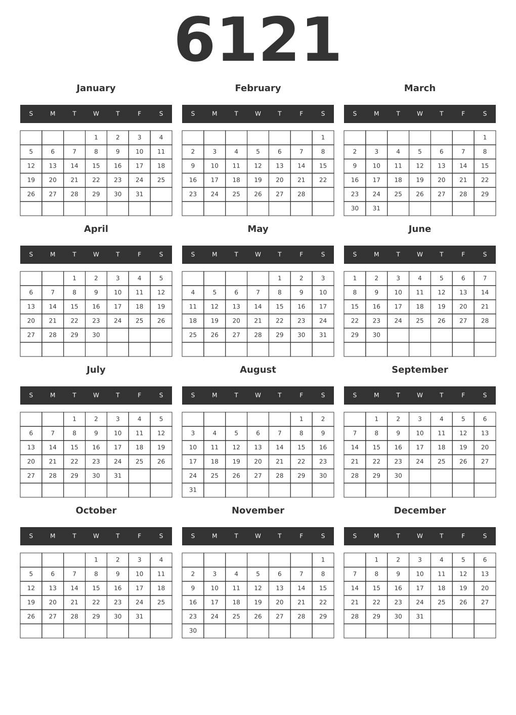 Printable 6121 Year Calendars dark