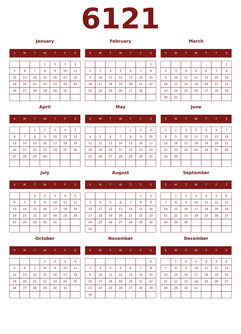 Printable 6121 Year Calendars falu