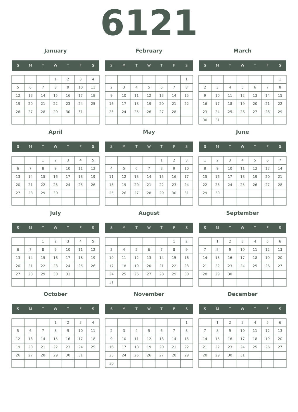 Printable 6121 Year Calendars feldgrau