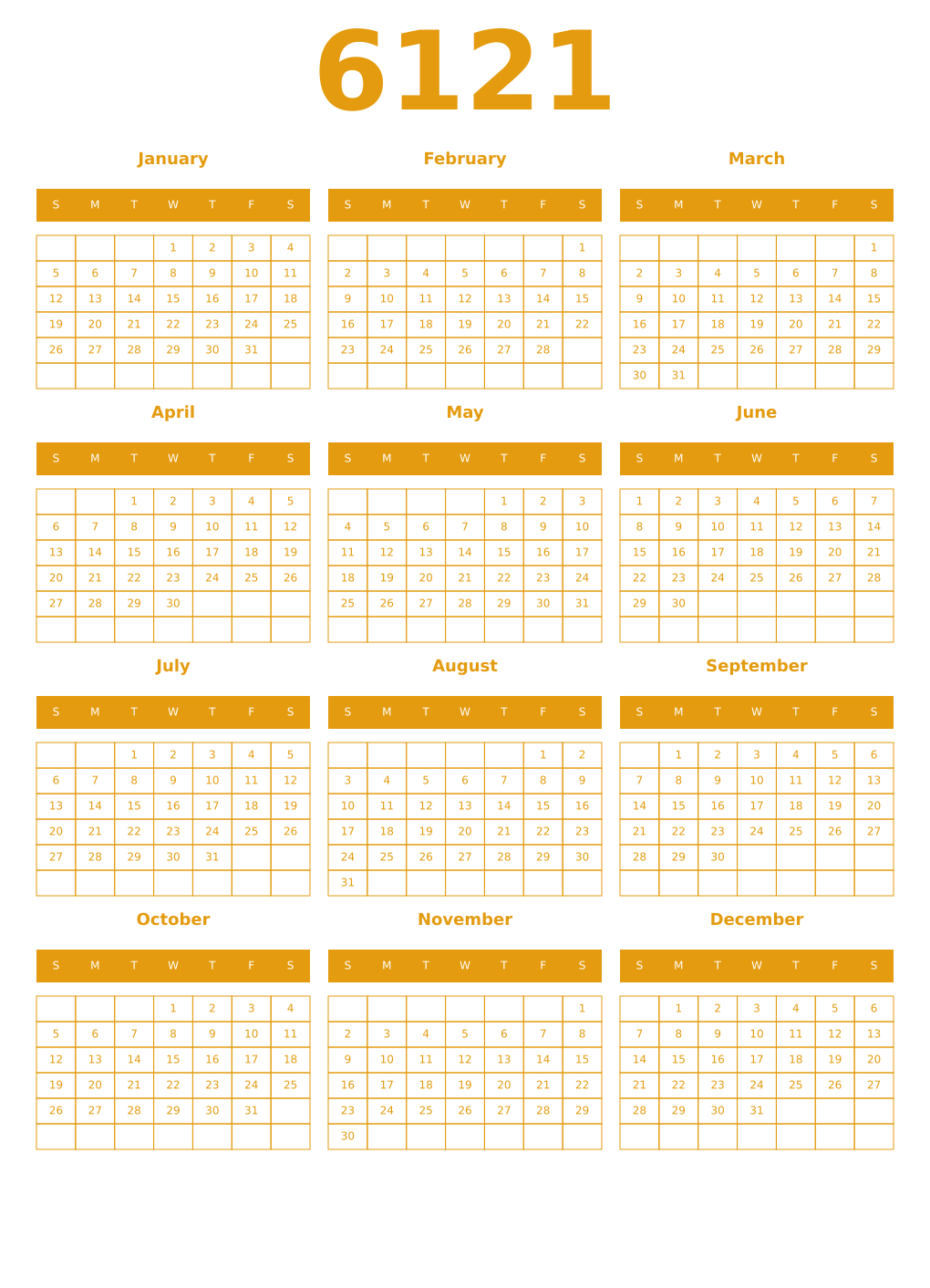 Printable 6121 Year Calendars gamboge