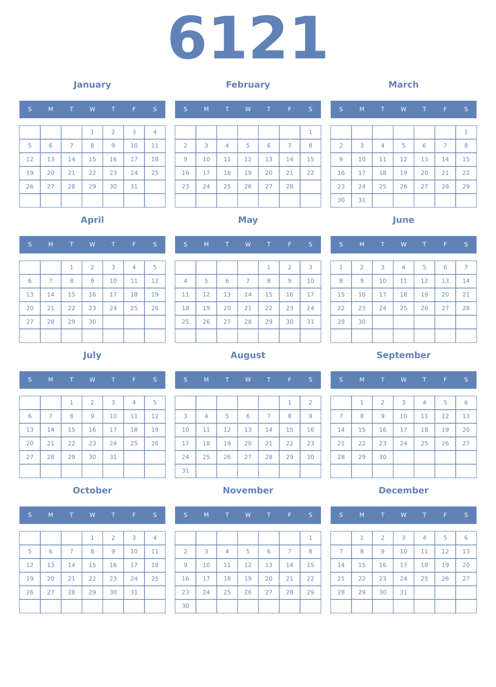 Printable 6121 Year Calendars glaucous