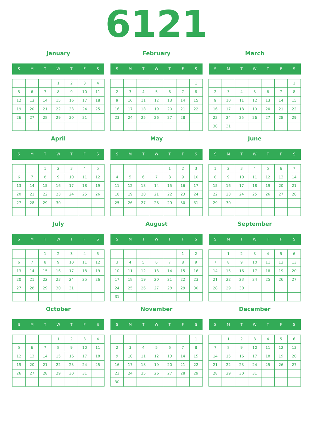Printable 6121 Year Calendars green