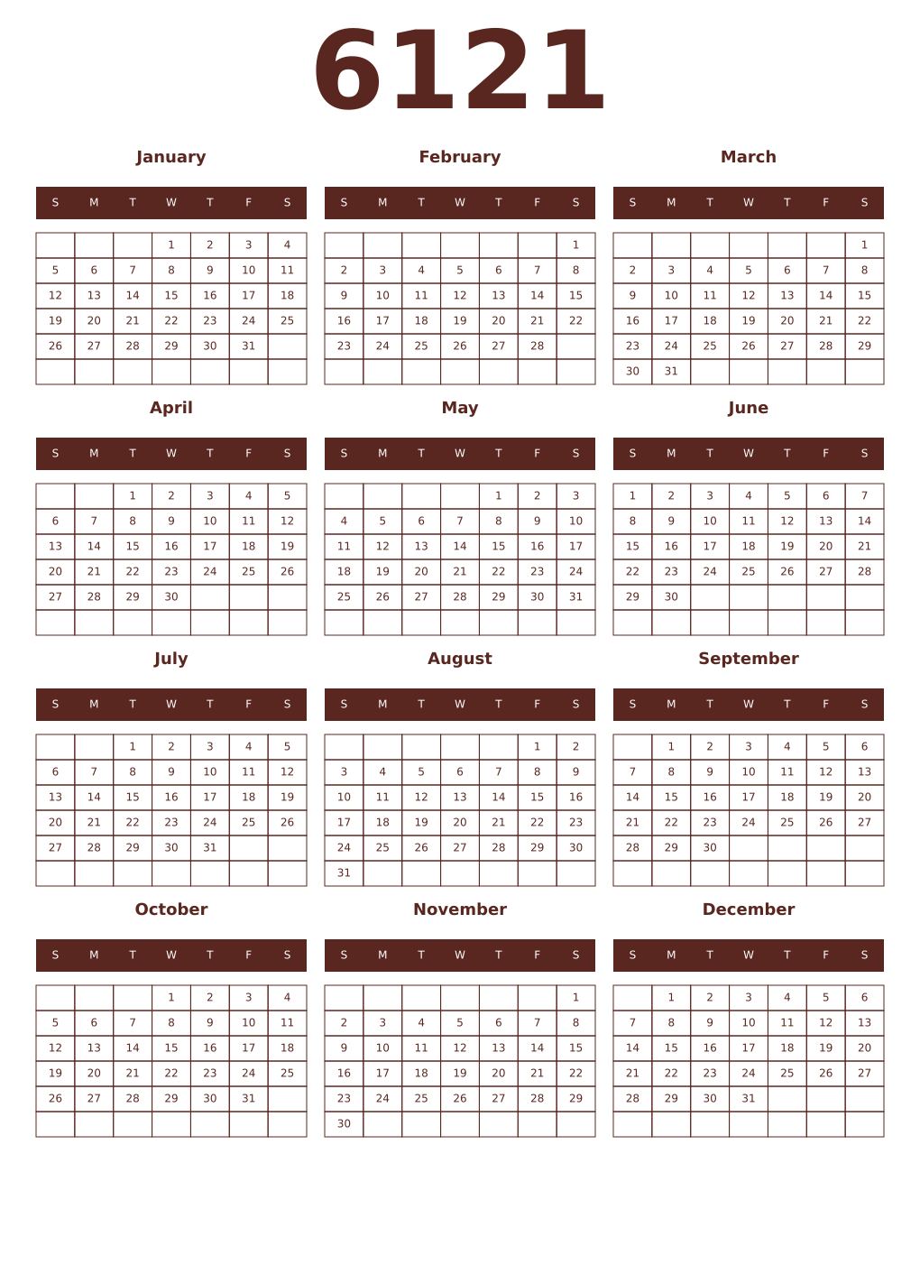 Printable 6121 Year Calendars mortuum