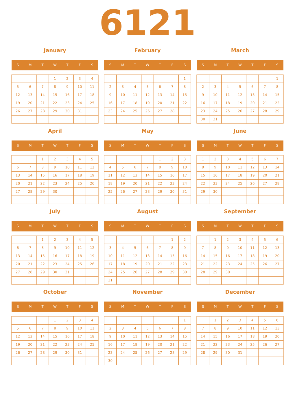 Printable 6121 Year Calendars orange