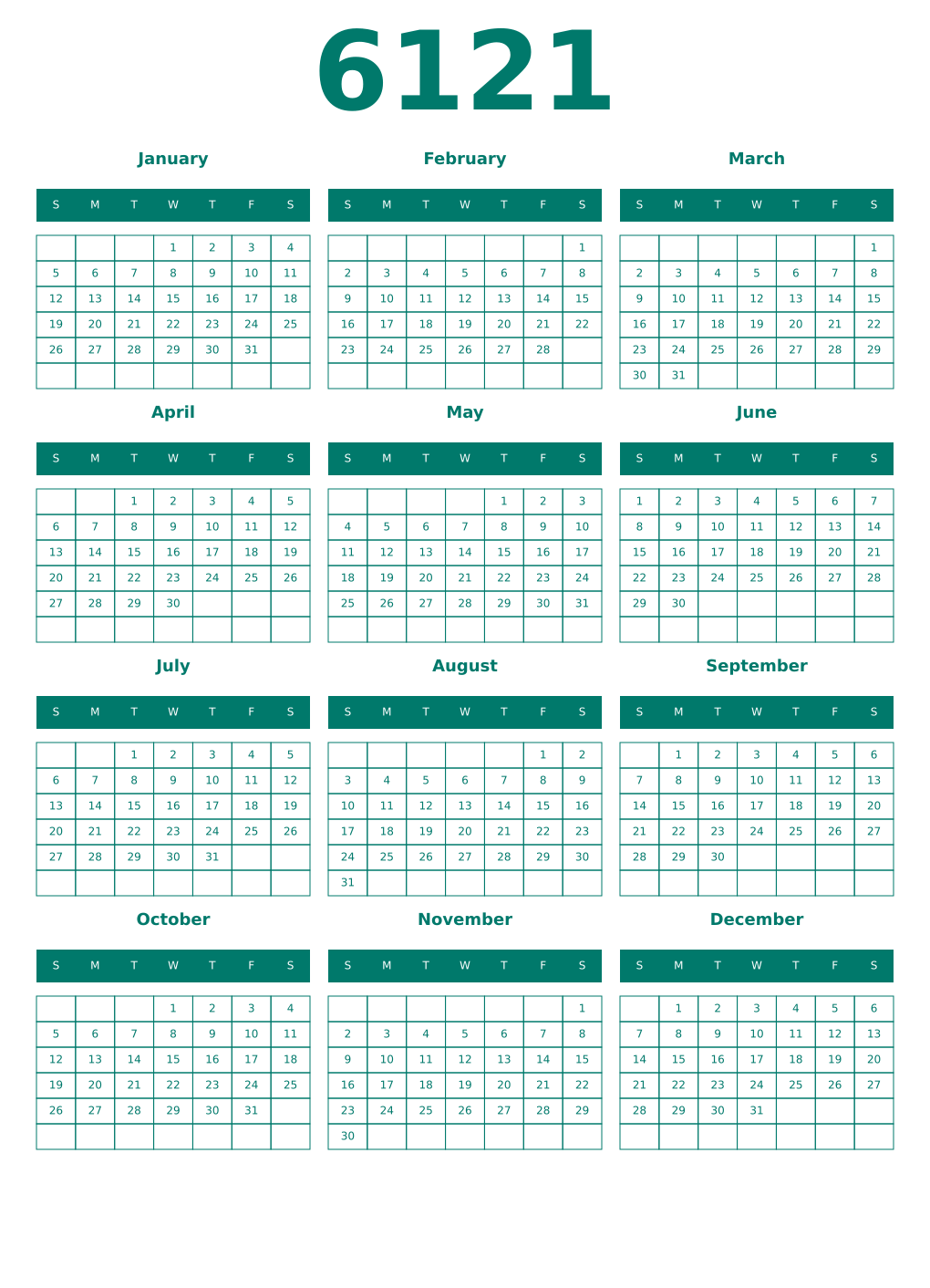 Printable 6121 Year Calendars pastel