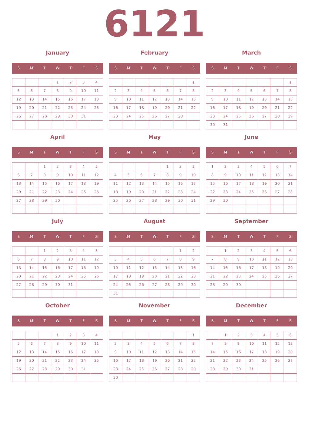Printable 6121 Year Calendars puce