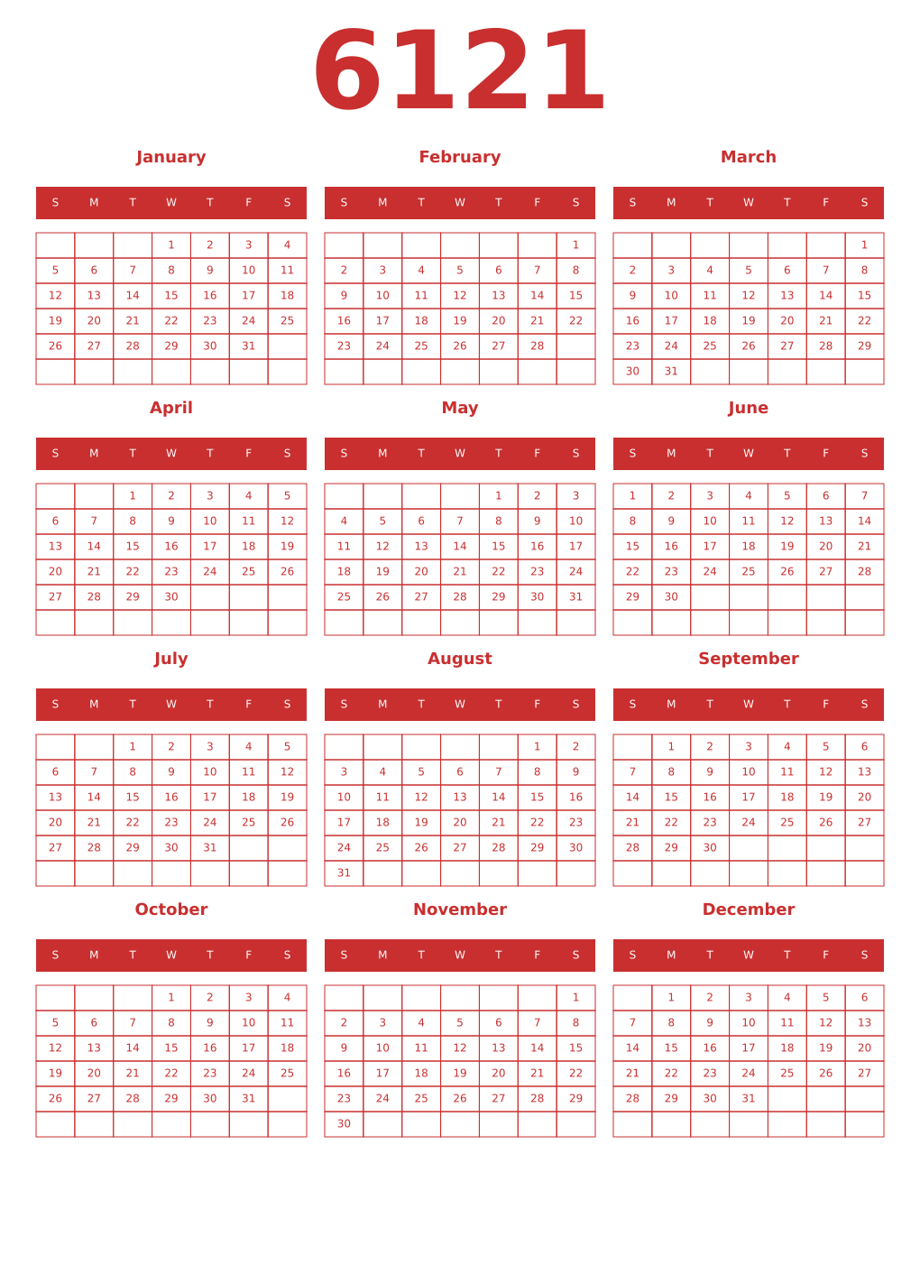 Printable 6121 Year Calendars red