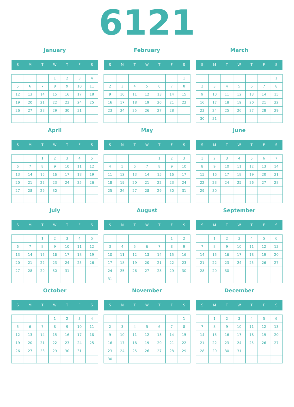 Printable 6121 Year Calendars verdigris