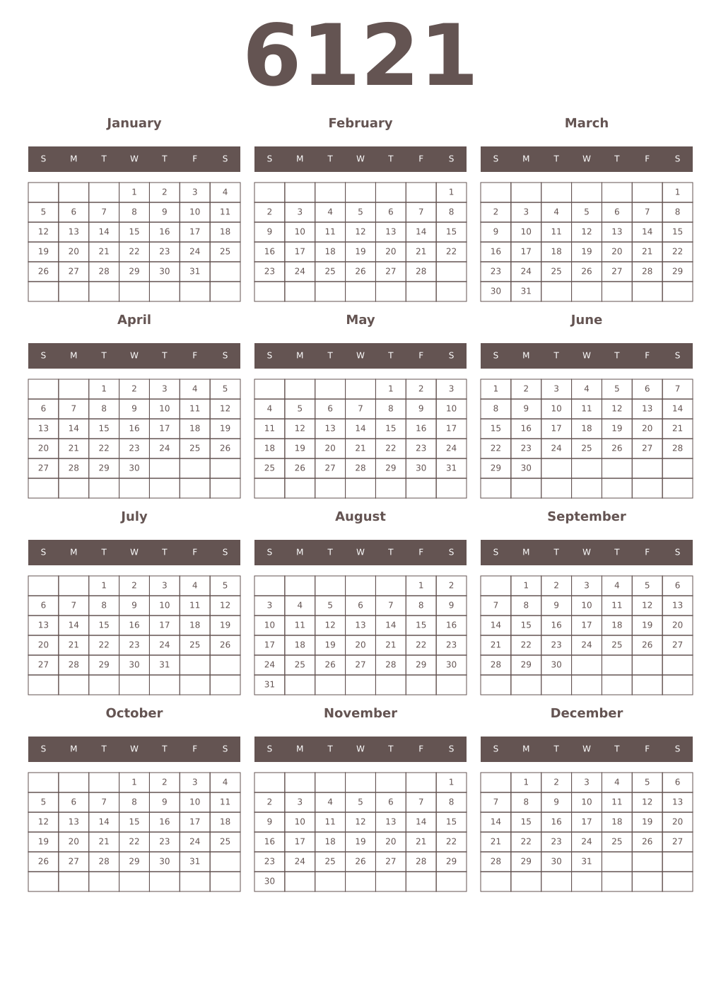 Printable 6121 Year Calendars wenge