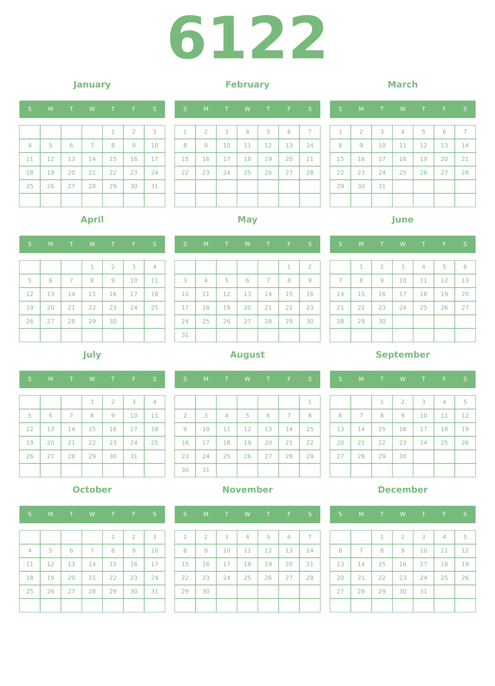 Printable 6122 Year Calendars celadon