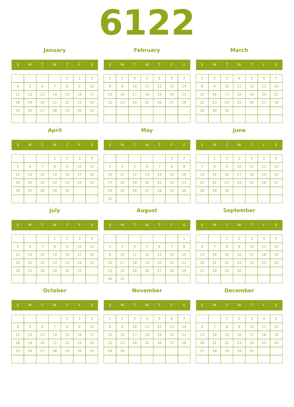 Printable 6122 Year Calendars chartreuse