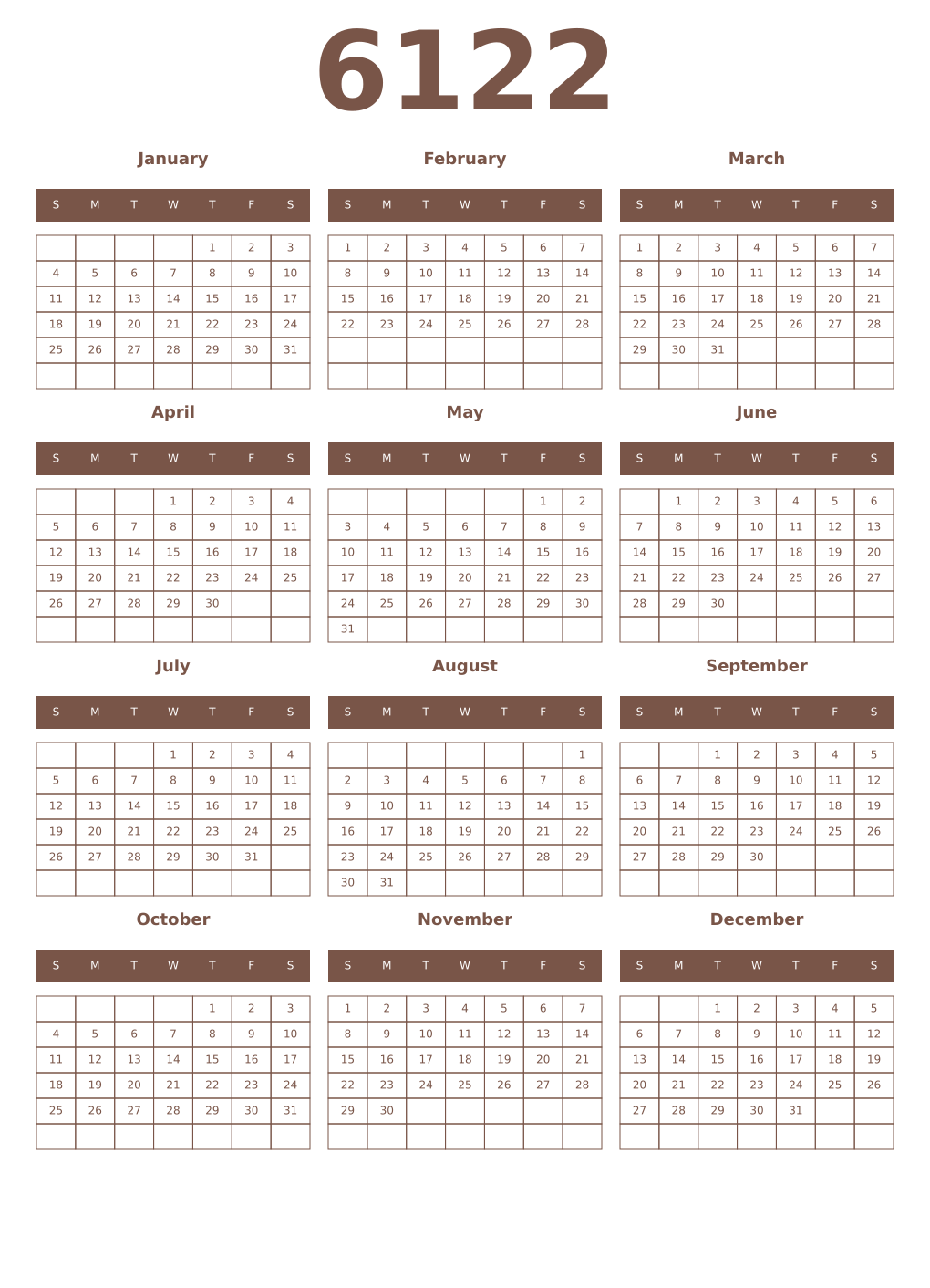 Printable 6122 Year Calendars coffe