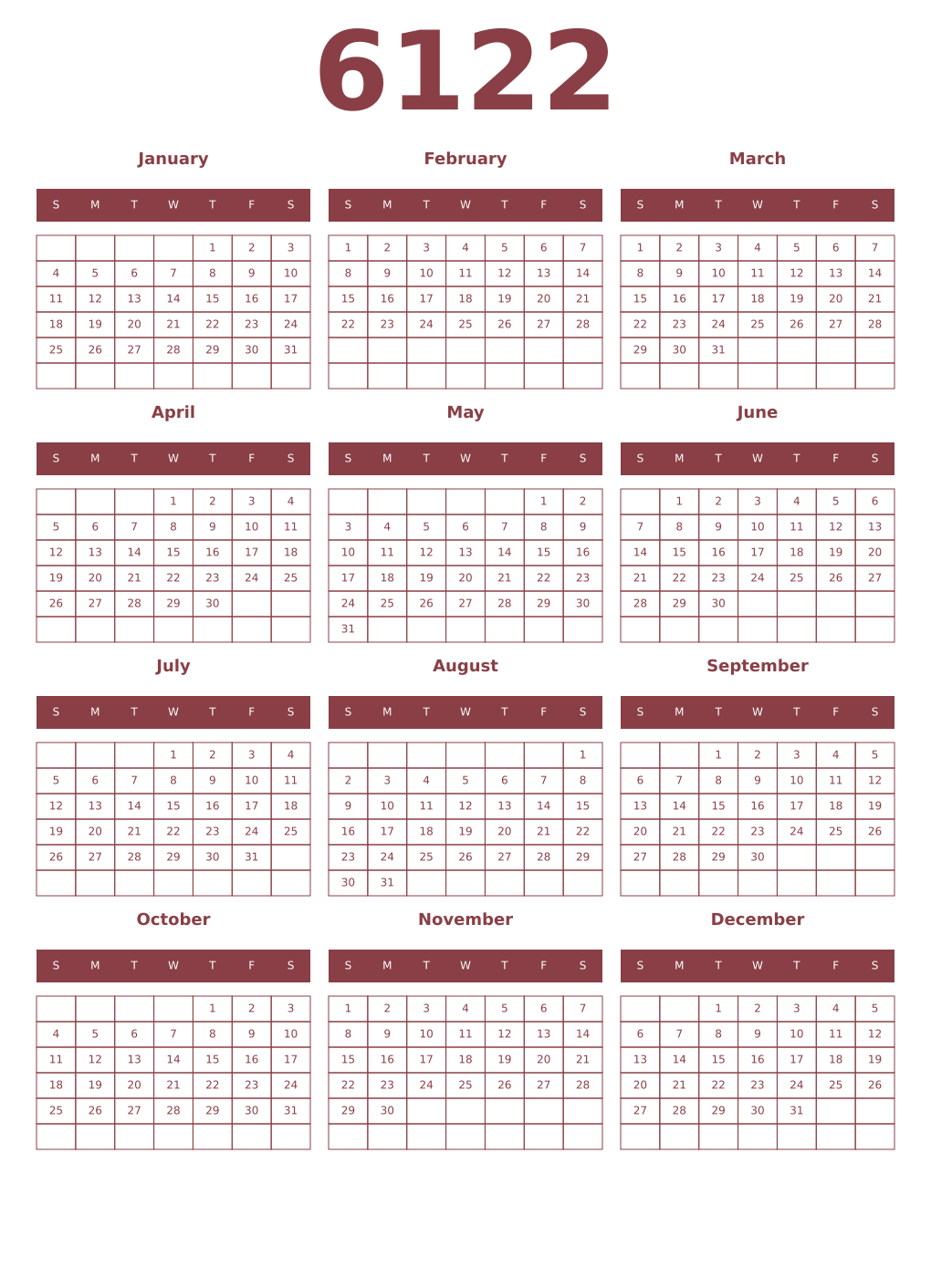 Printable 6122 Year Calendars cordovan