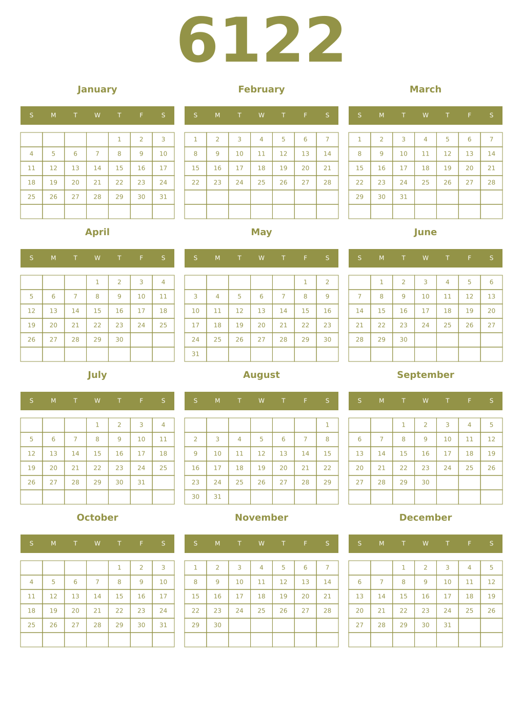 Printable 6122 Year Calendars eburnean