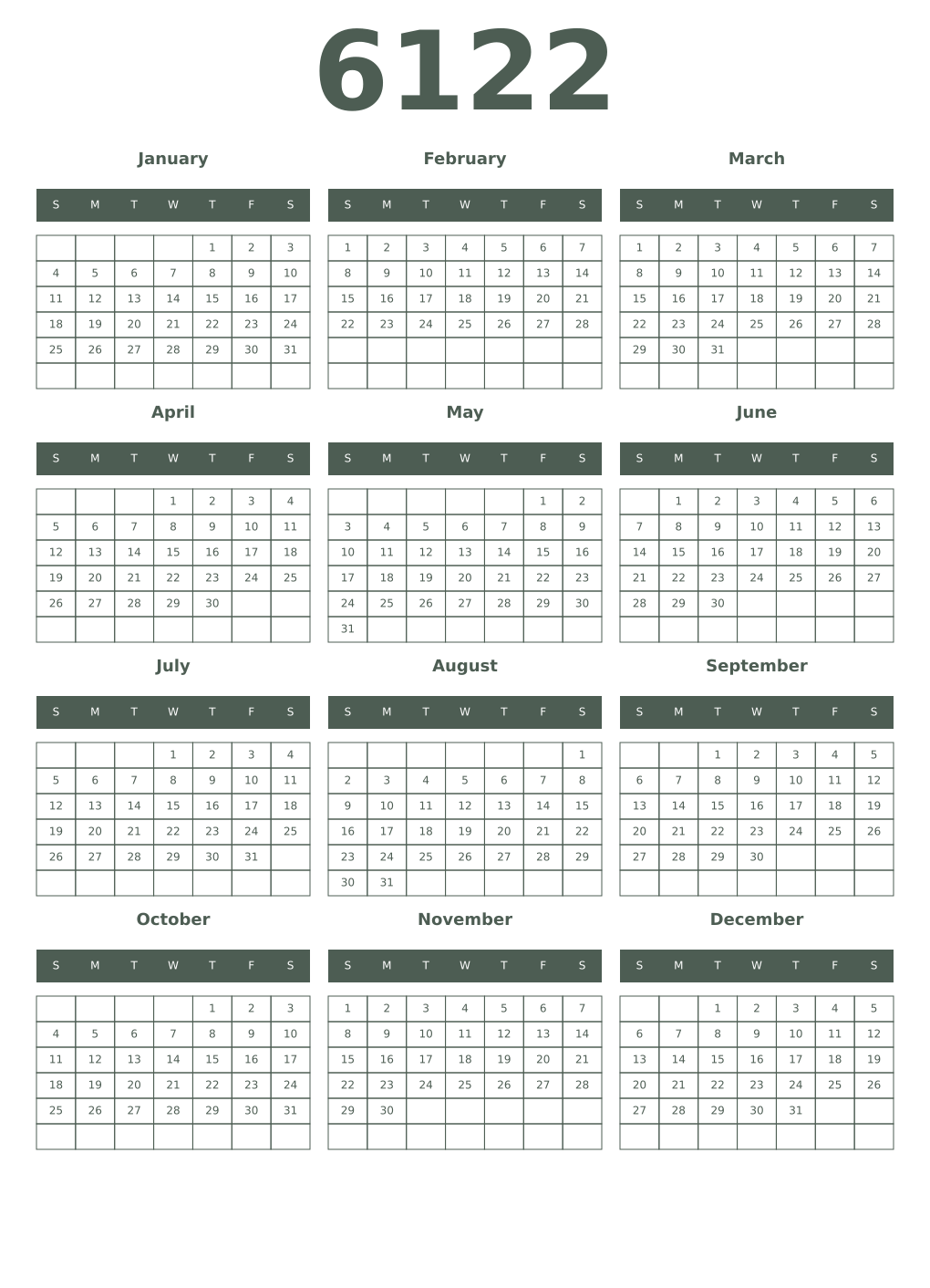 Printable 6122 Year Calendars feldgrau