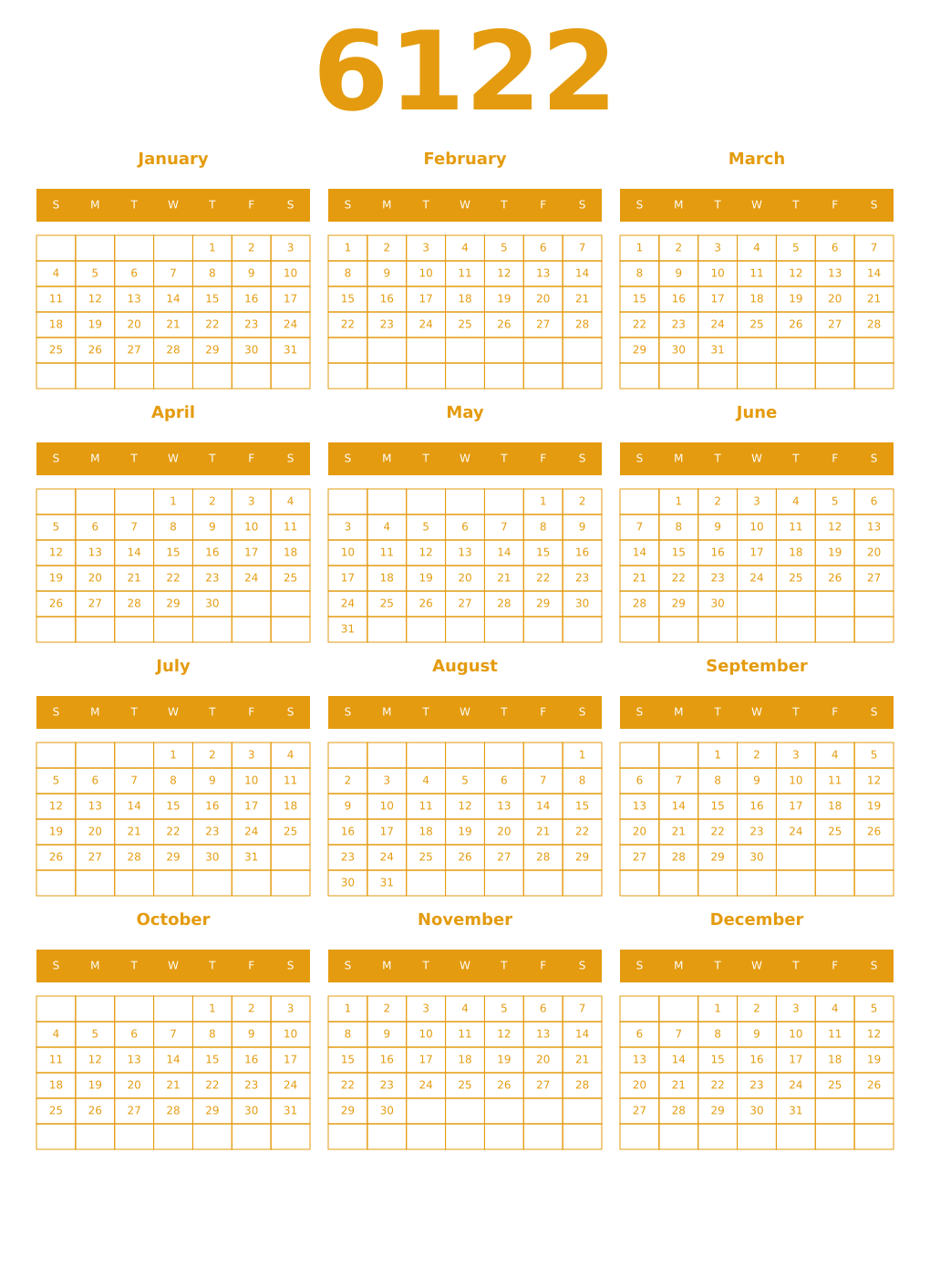 Printable 6122 Year Calendars gamboge