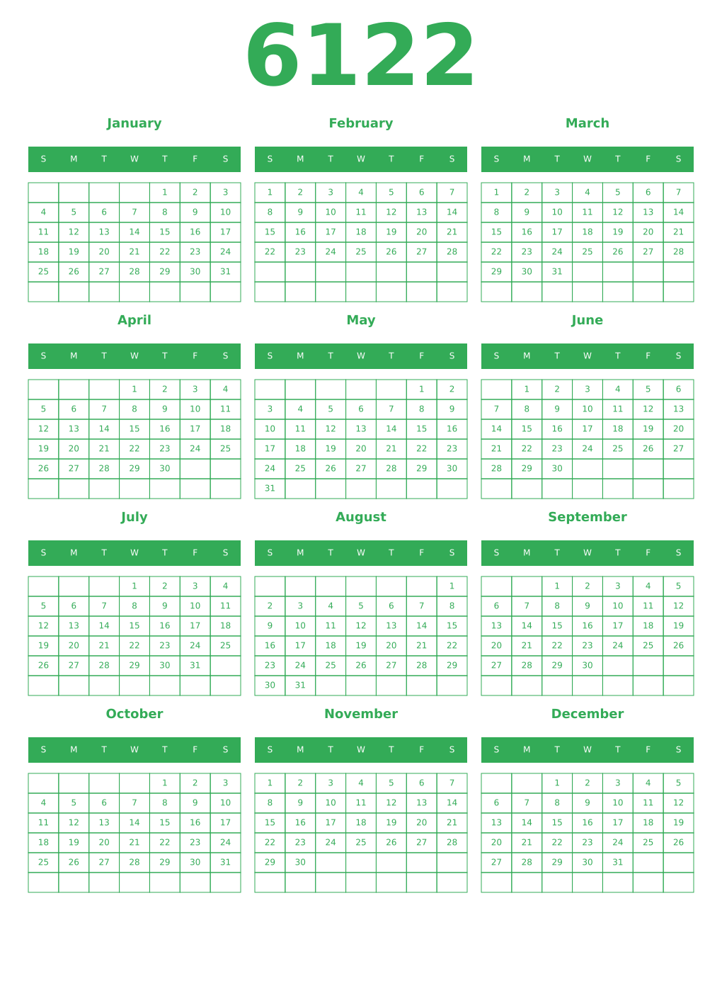 Printable 6122 Year Calendars green