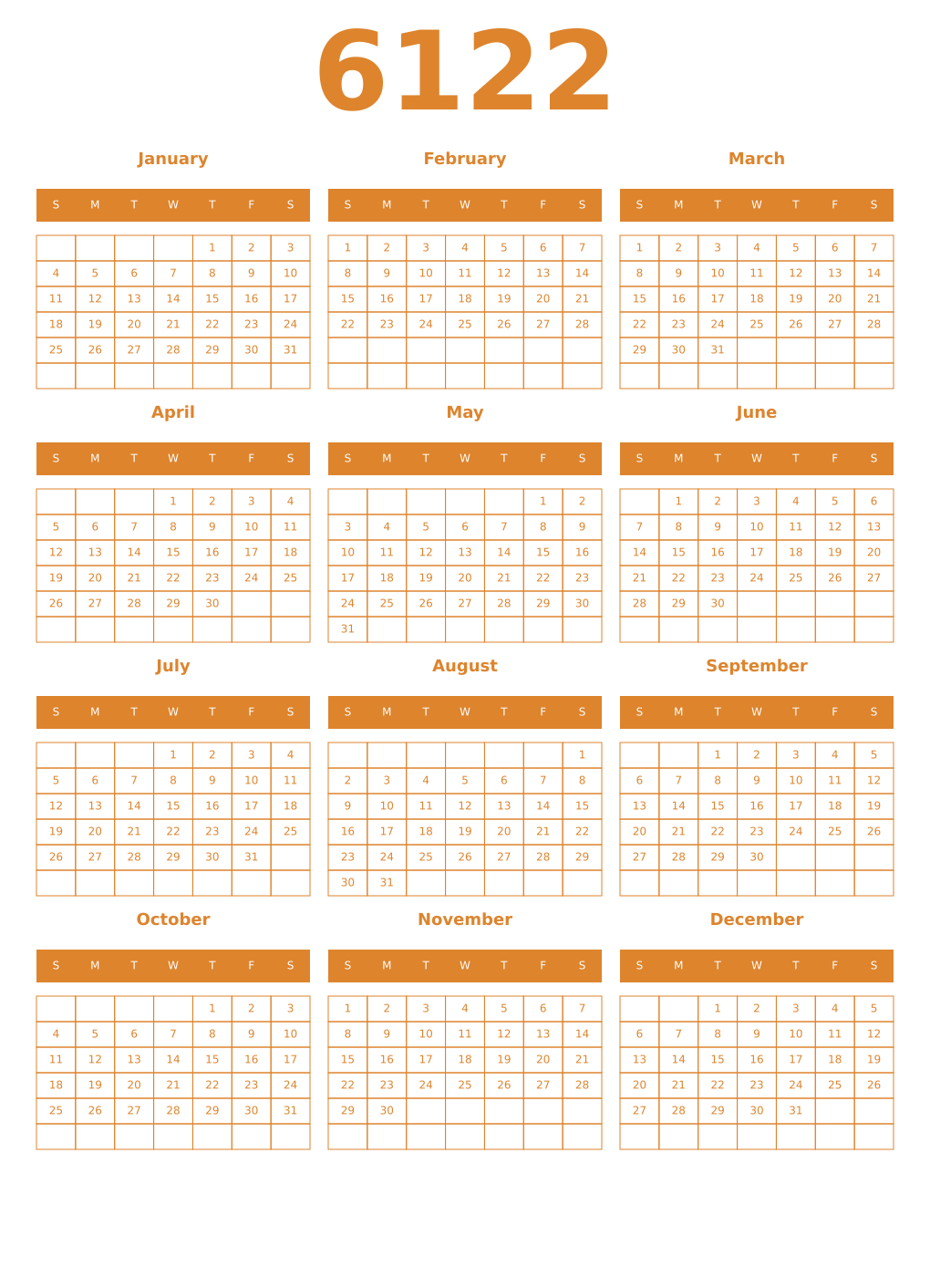 Printable 6122 Year Calendars orange
