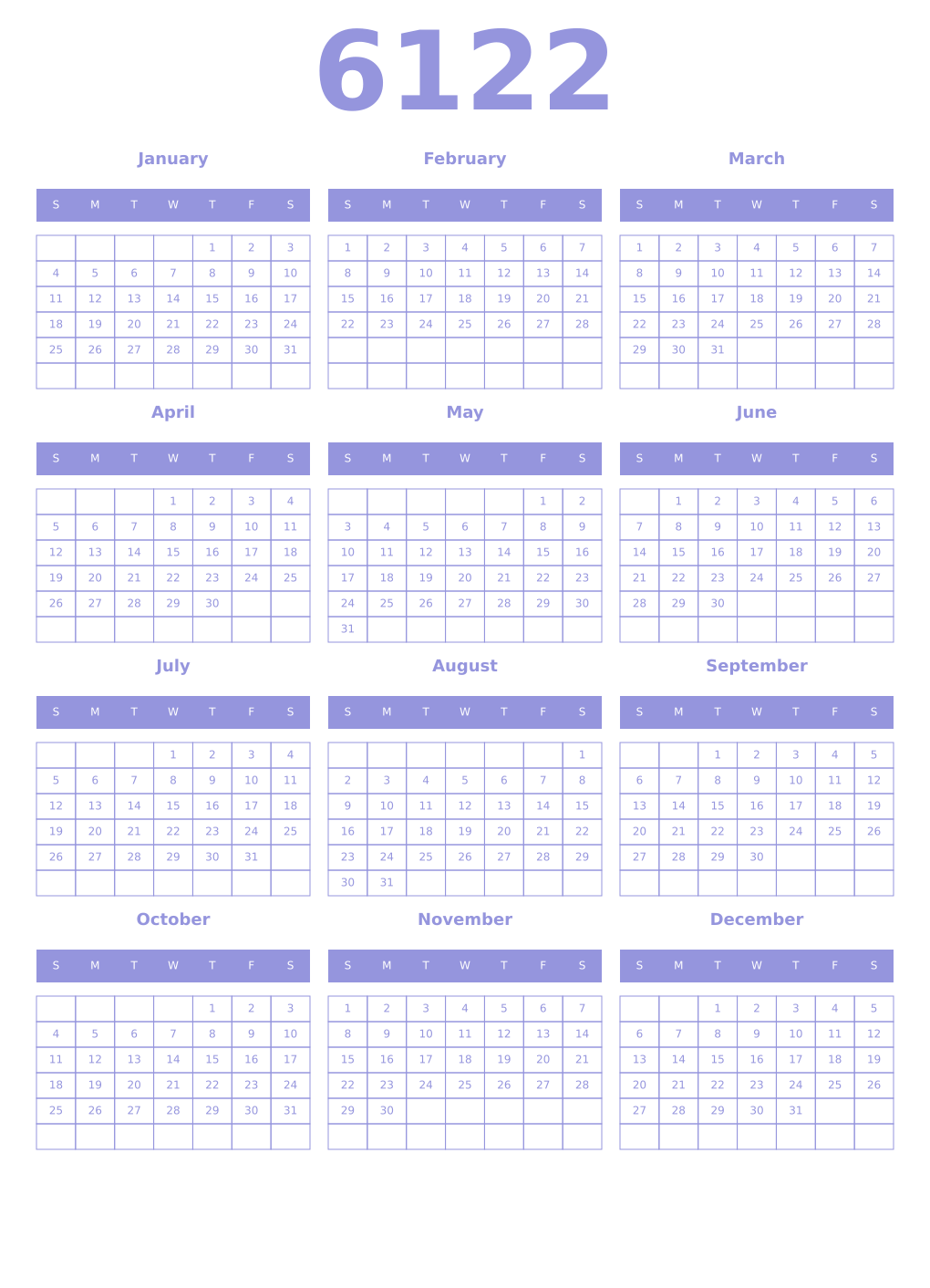 Printable 6122 Year Calendars periwinkle