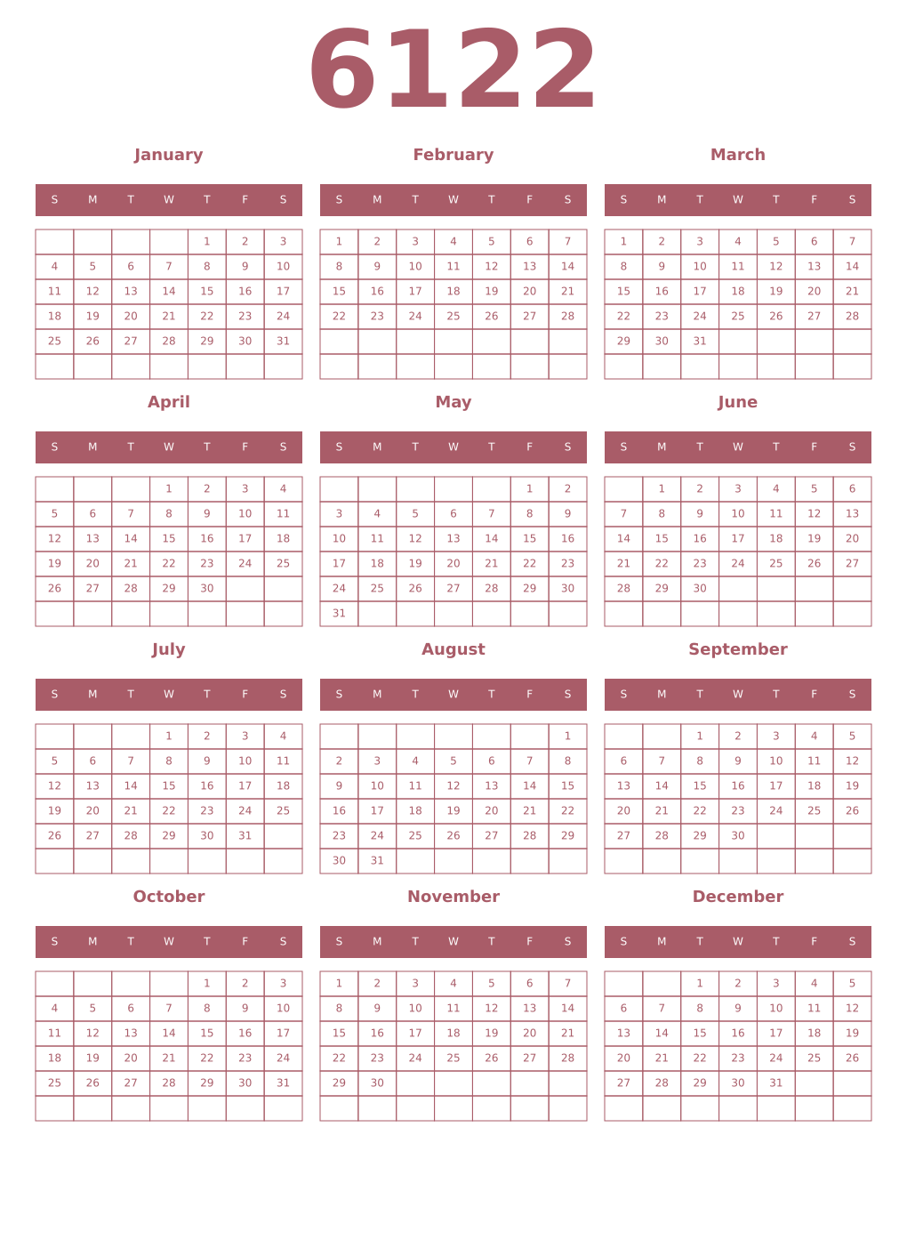 Printable 6122 Year Calendars puce