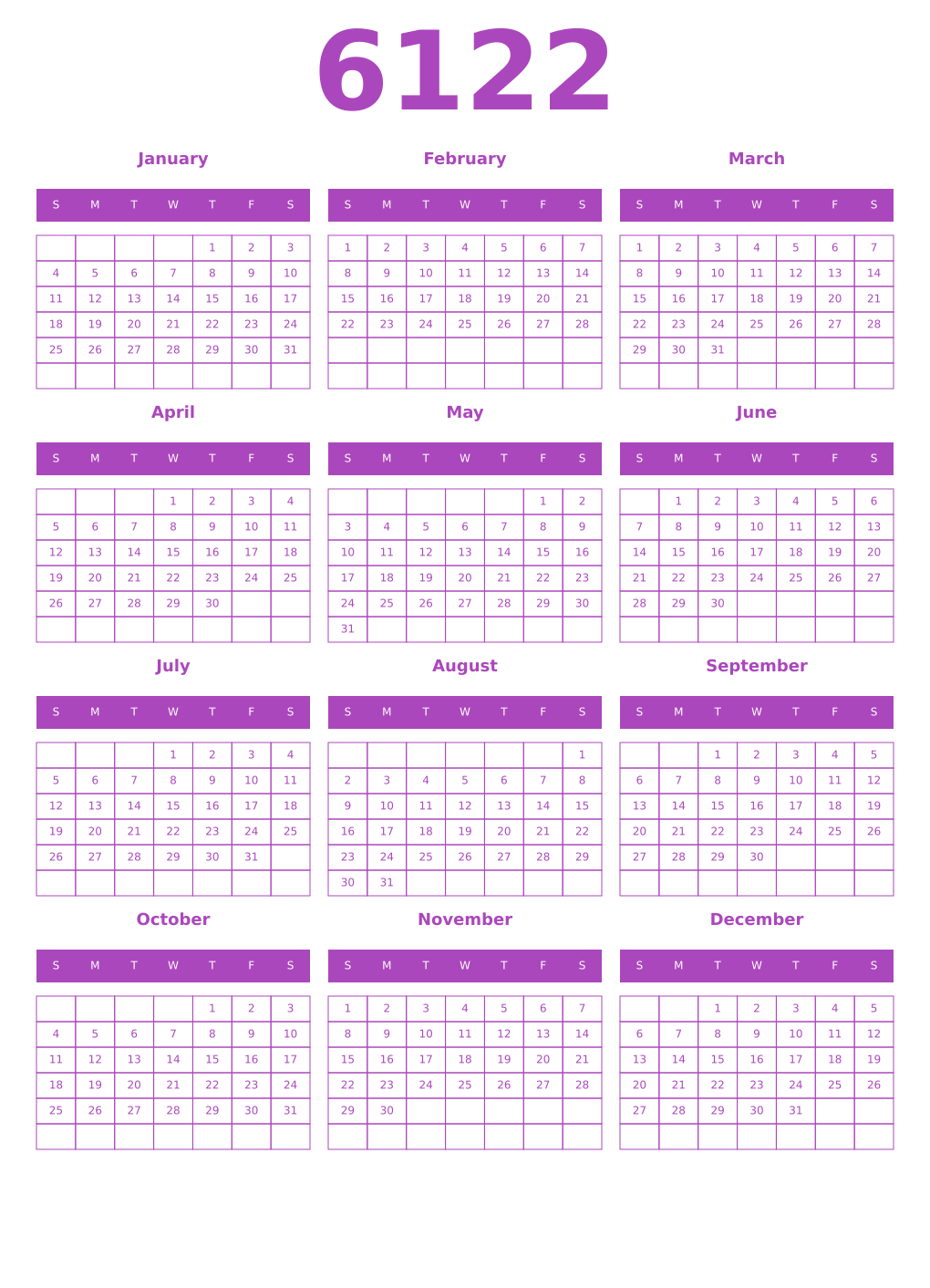 Printable 6122 Year Calendars purple